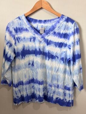 Chico's Size 2 Large 100% Pima Cotton Tie Dye V-Neck 3/4 Sleeve Top Blue White